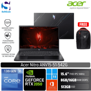 Acer Nitro V 15 ANV15-51-542G /Core i5-13420H/8GB-16GB/512GB SSD/GeForce RTX 2050 4GB/15.6" FHD 144Hz/Win 11 Home+OHS 2021/Black