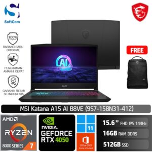 MSI Katana A15 AI B8VE (9S7-158N31-412) /Ryzen 7-8845HS/16GB/512GB SSD/GeForce RTX 4050 6GB/15.6" FHD 144Hz/Win 11 Home+OHS 2021/Black