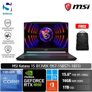 MSI Katana 15 B13VEK (9S7-158571-1851) /Core i7-13620H/16GB/1TB SSD/GeForce RTX 4050 6GB/15.6" FHD 144Hz/Win 11 Home+OHS 2021/Black