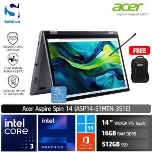Acer Aspire Spin 14 ASP14-51MTN-351C /Intel Core 3 100U/16GB/512GB SSD/14″ WUXGA IPS Touch/Win 11 Home+OHS 2021/Steel Gray