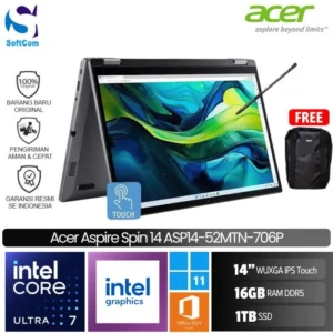 Acer Aspire Spin 14 ASP14-52MTN-706P/Intel Core Ultra7-155U/16GB/1TB SSD/14" WUXGA IPS TOUCH/Win 11 Home+OHM 2024+M365/Steel Gray