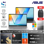 Asus Vivobook S14 S3407QA OLEDP151M OLEDP152M /SnapDragon X X1/16GB/512GB SSD/14" FHD+ OLED/Win 11 Home+OHM 2024+M365