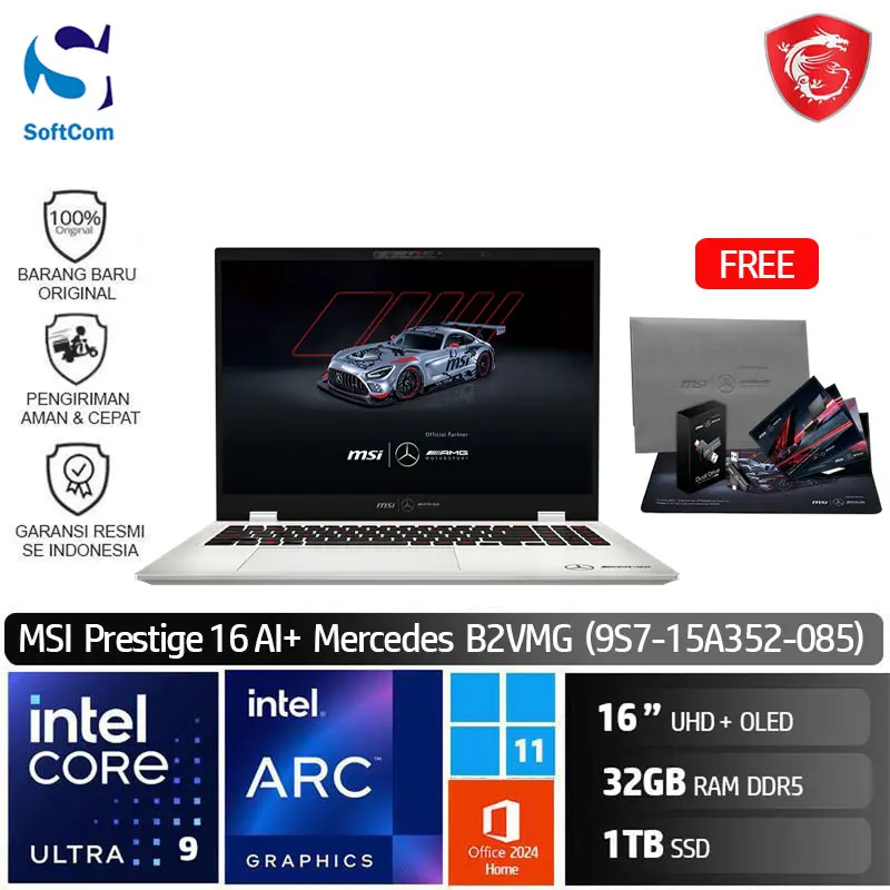MSI Prestige 16 AI+ Mercedes AMG B2VMG (9S7-15A352-085)/Intel Core Ultra 9-288V/32GB/1TB SSD/16″ UHD+ OLED/Win 11 Home+OHM 2024/Urban Silver