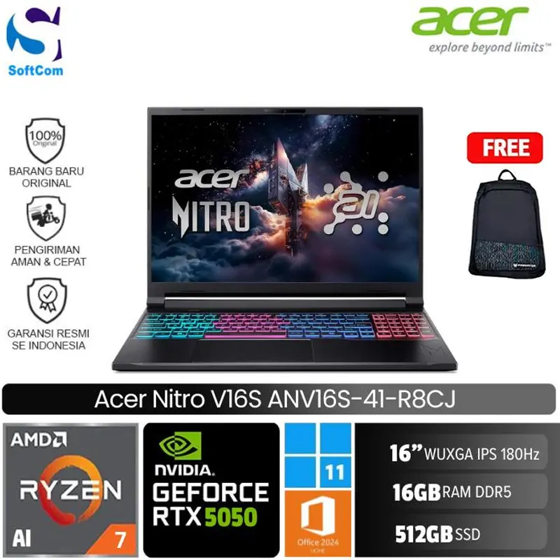 Acer Nitro V 16S ANV16S-41-R8CJ/Ryzen 7-260/16GB/512GB SSD/GeForce RTX 5050 8GB/16" WUXGA 180Hz/Win 11 Home+OHM 2024 + M365/Black