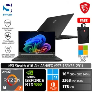 MSI Stealth A16 AI+ A3HVEG (9S7-15FK35-291) /Ryzen AI 7-350/32GB/1TB SSD/GeForce RTX 4050 6GB/16" QHD+ 240Hz/Win 11 Home+OHM 2024+M365/Core Black