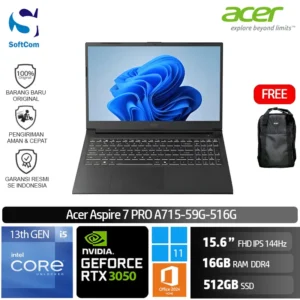 Acer Aspire 7 PRO A715-59G-516G/Intel Core i5-13420H/16GB/512GB SSD/GeForce RTX 3050 6GB/15.6" FHD 144Hz/Win 11 Home+OHM 2024+M365/Titanium Black
