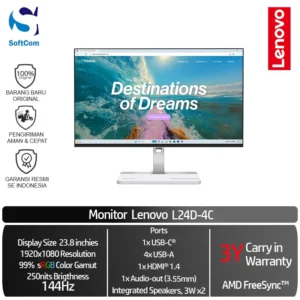 Monitor Lenovo L24D-4C  23.8 inch FHD 99% sRGB 144Hz USB-C docking with DP + 75W PD