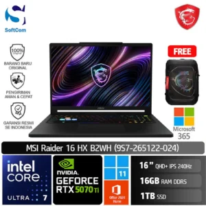 MSI Raider 16 HX B2WH (9S7-265122-024)/Intel Core Ultra 7-251HX/16GB/1TB SSD/GeForce RTX 5070Ti 12GB/16" QHD+ 240Hz/Win 11 Home+OHM 2024+M365/Core Black