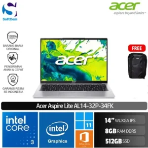 Acer Aspire Lite AL14-32P-34FK/Intel Core 3 N355/8GB/512GB SSD/14"WUXGA IPS/Win 11 Home + OHM 2024 + M365/Light Silver
